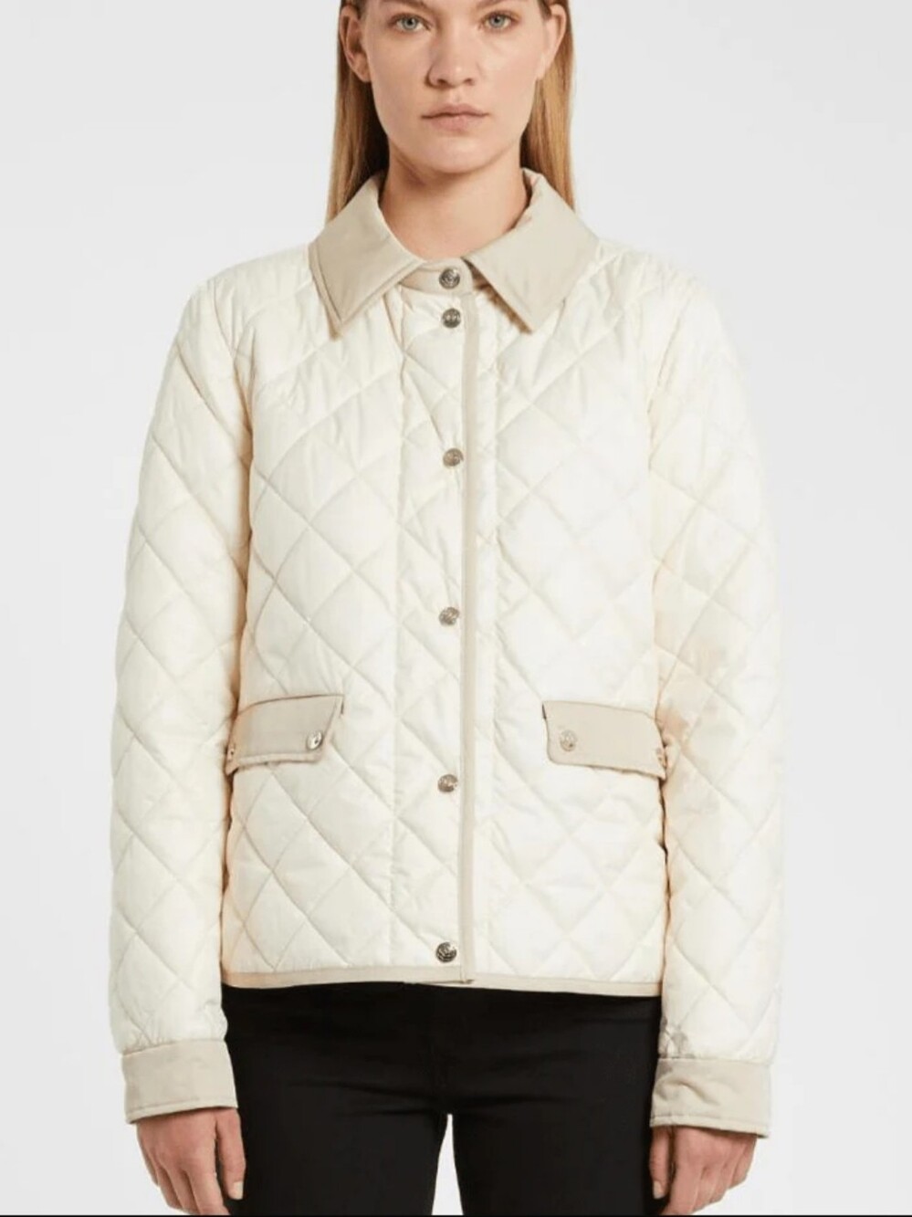 Marella Lipari Quilted Jacket Cream Tan Satin Accents Women's 14 Snap Front
